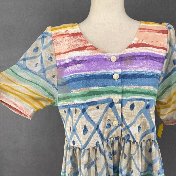 Vtg 80s 90s Two Potato Artsy A Line Midi Dress M Petite Sheer NOS Coastal Pastel - Picture 5 of 16